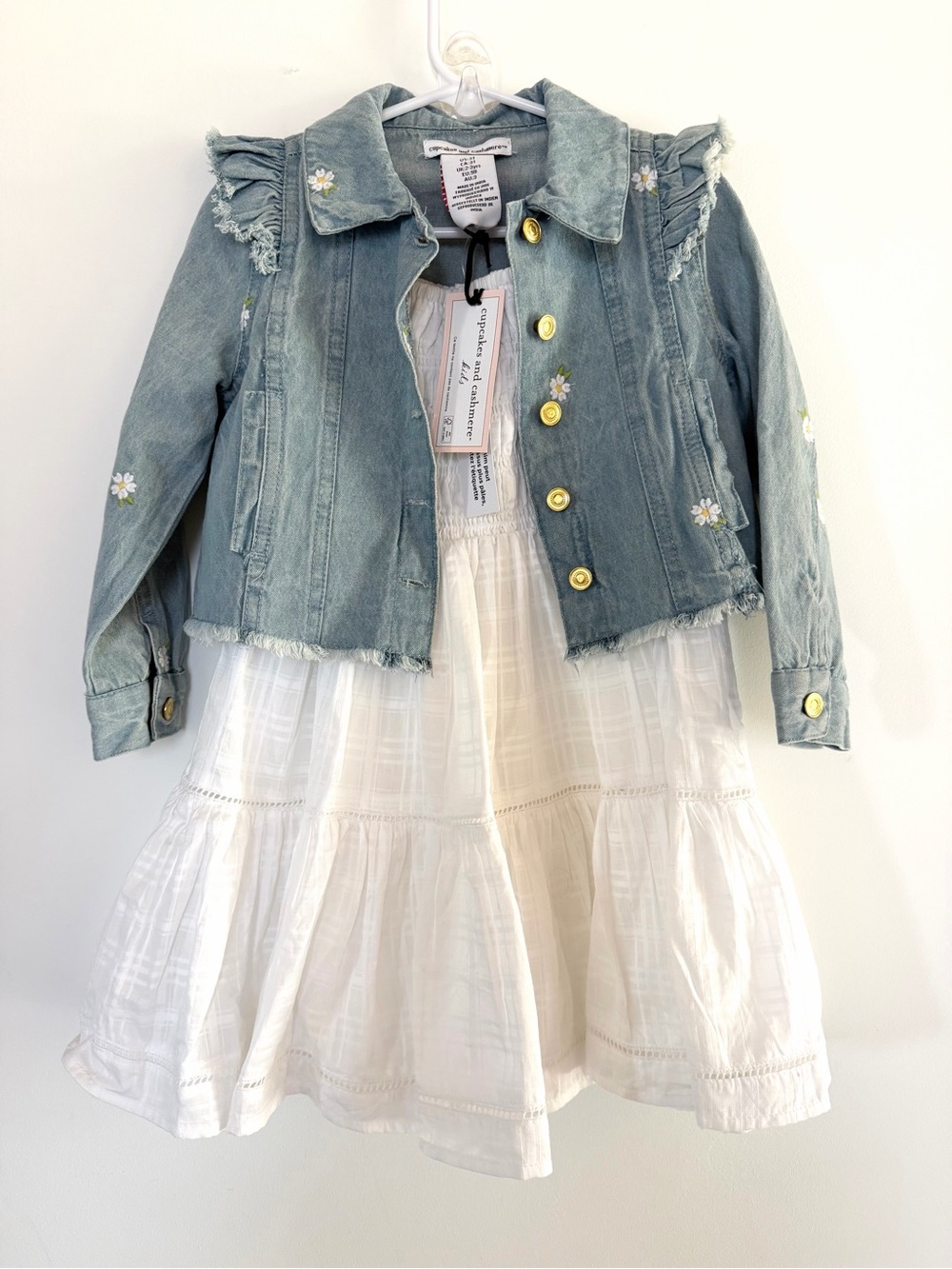 cupcakes & cashmere Light Denim Jacket with Daisy Embroideries and white dress